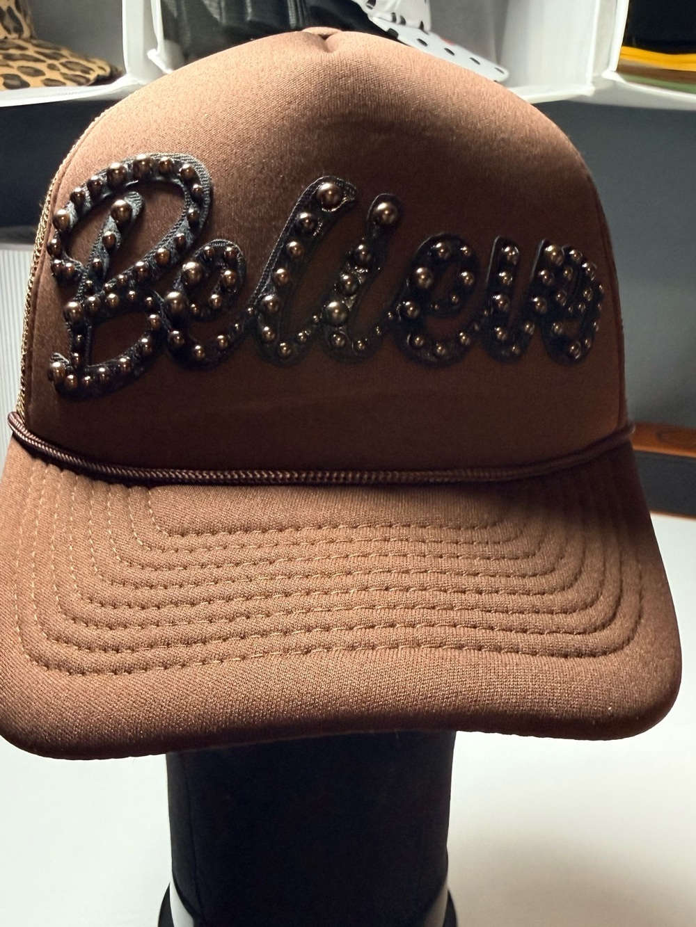 Brown “Believe” Embellished Trucker Cap
